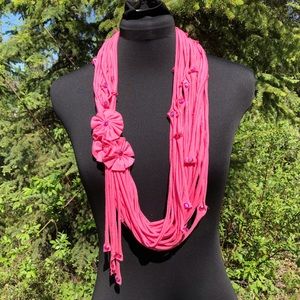 NEW Hot Pink Multi Strand Fabric Recycled Necklace Jewelry Rhinestone Accents